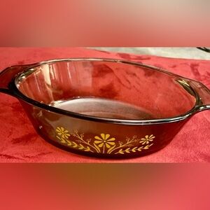 Vintage Glasbake Jeanette Oval Casserole Dish Smoked Amber Glass Yellow Daisies